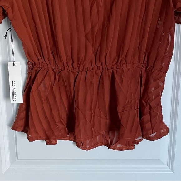 New! Haute Monde Rust Orange Sheer Lace High Neck Peplum Blouse Top 35162 - Picture 6 of 15